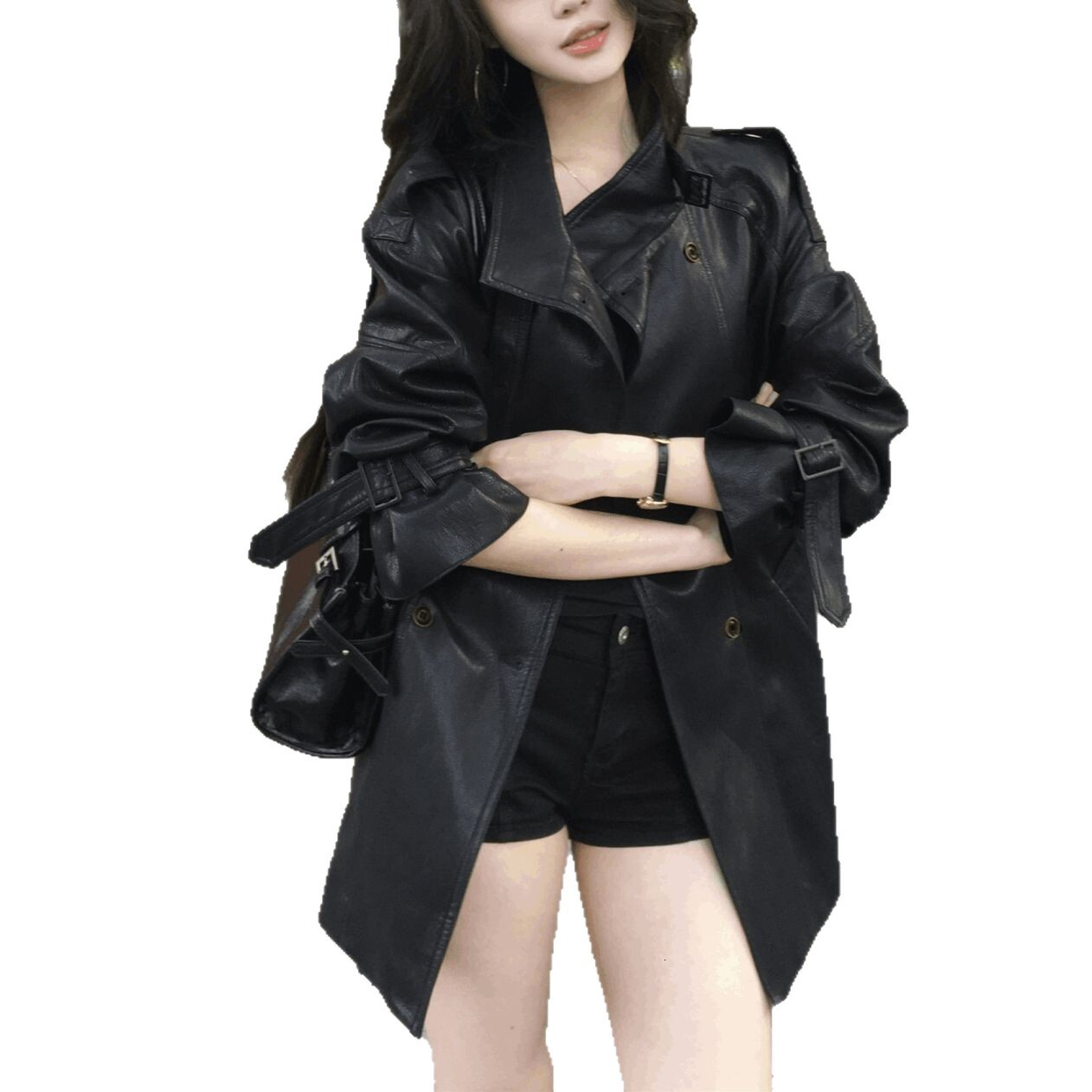 Black Jacket for Women, Mid-Length, Autumn Style, Korean Version, Stand Collar, Belted Windbreaker, PU Leather Coat dongdumaoyi