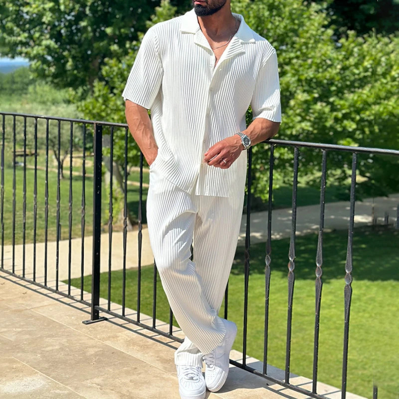 Spring and summer fashion mens two-piece casual solid color short sleeved ribbed shirt and pants set mens streetwear set 250410