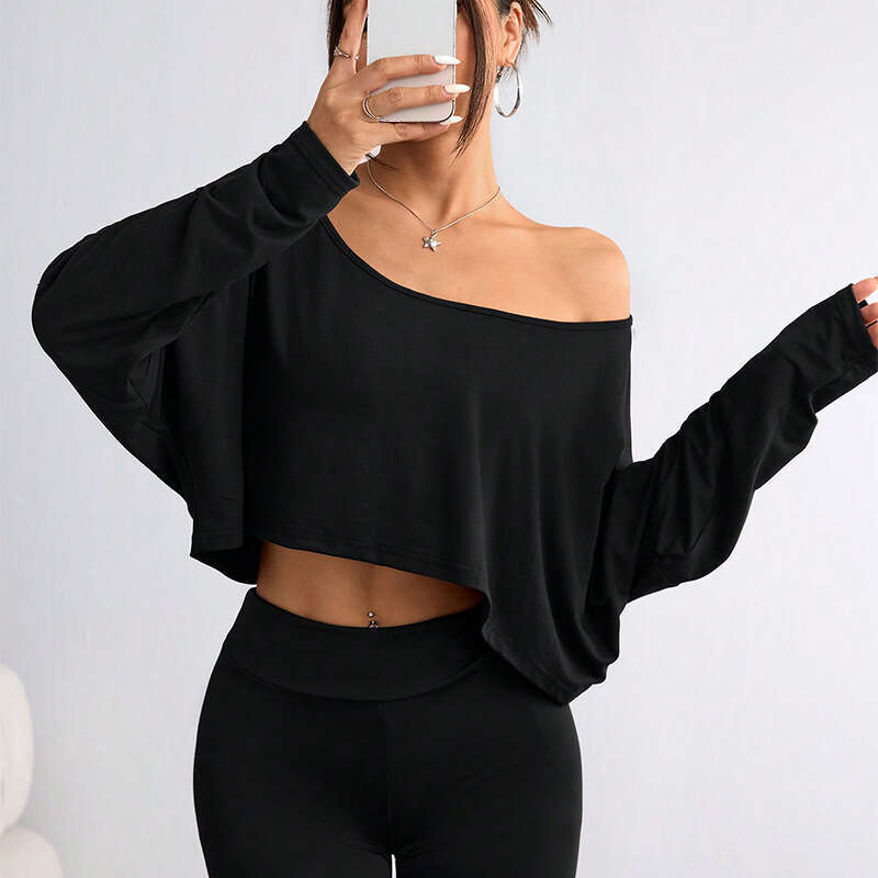 2025 Autumn New Cross-Border Amazon Foreign Trade European and American Style Asymmetrical Long Sleeve T-Shirt Short Off-Shoulder Loose Top for Women