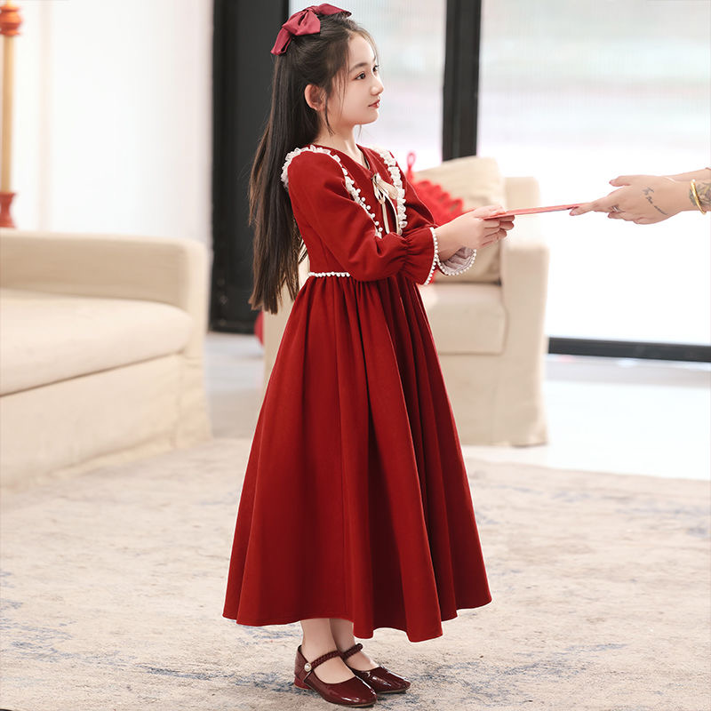 D649 Flower girl dress, red dress, high-end children's birthday princess dress, host/piano performance costume.