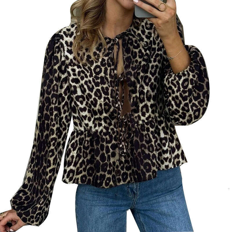 2025 Autumn New European and American Cross-Border Amazon Fashion Leopard Print Long Sleeve Shirt Loose Blouse Cardigan for Women
