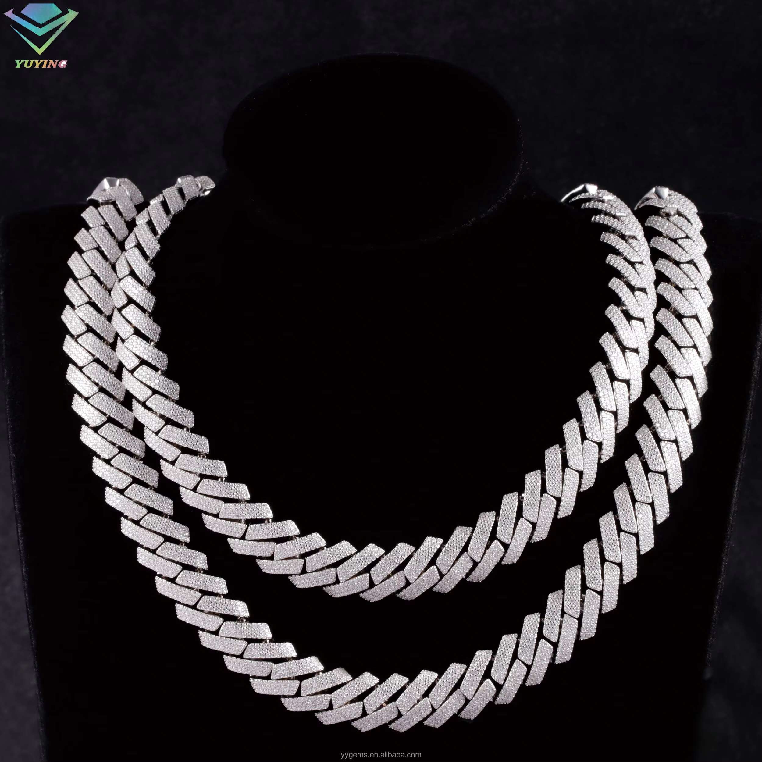 Heavy Silver 15MM 3Rows S925 Silver Cuban Chain Hip Hop Necklace White Gold Plated Moissanite Diamond Cuban Link Chain