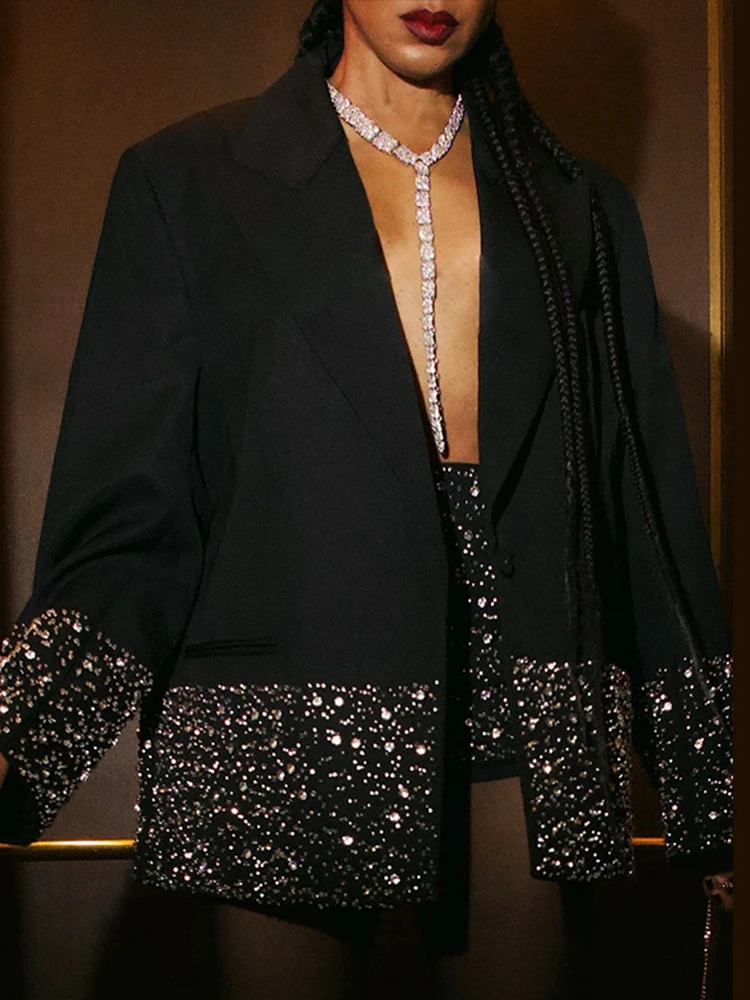 Casual jacket shorts womens loose fitting patchwork work rhinestone lapel long sleeved set women street set 2-piece women 250409