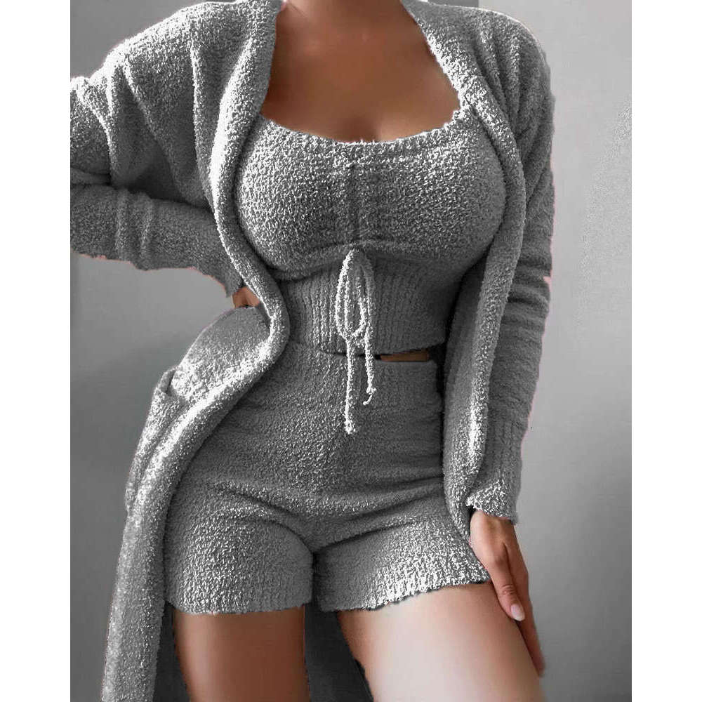 2025 New Cross-Border Women's Plush Three-Piece Lace-Up Pajama Casual Set Homewear One-Piece Dropshipping