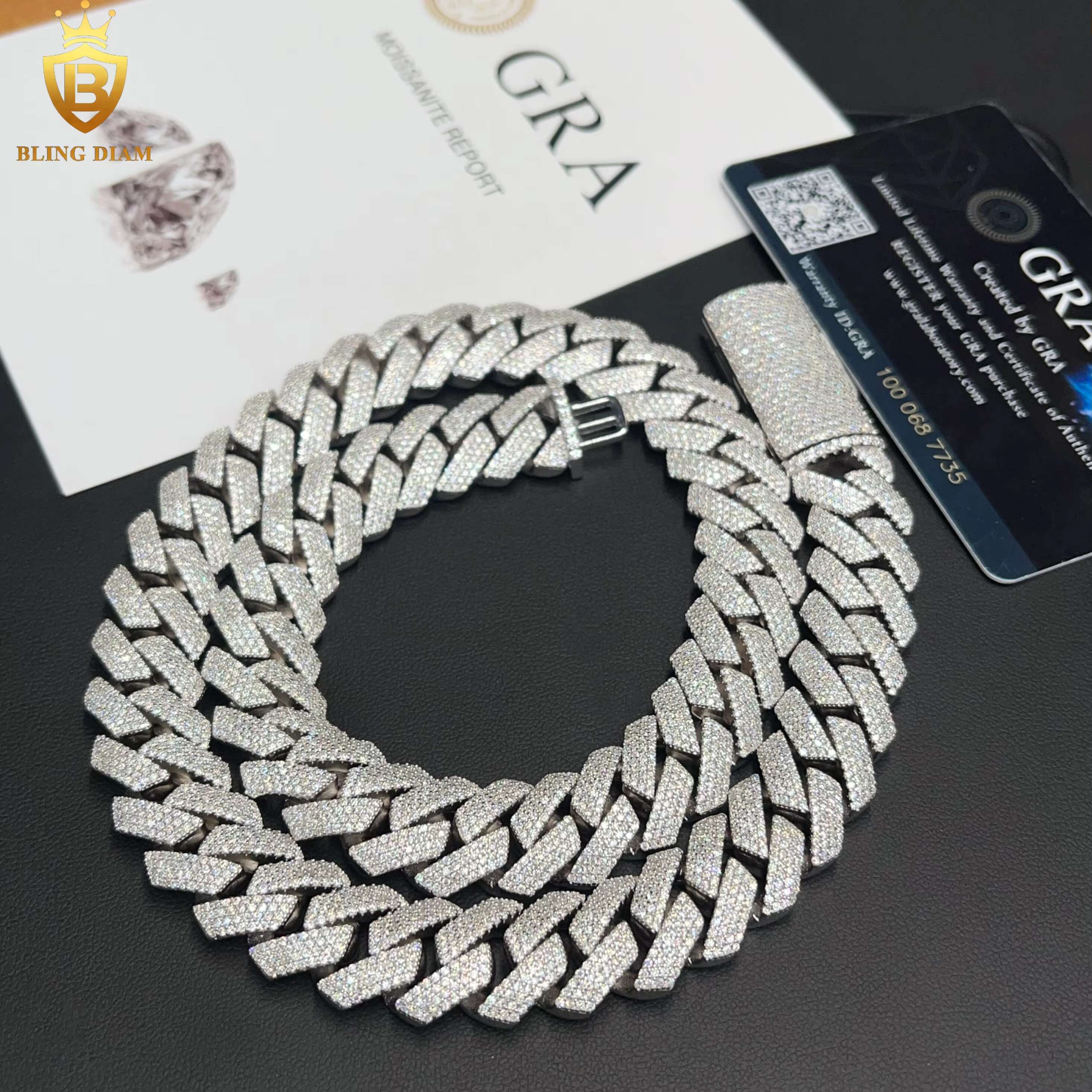 15mm Hip Hop Jewelry 4 Row Iced Out Promotion Miami Cuban Link Chain Moissanite 925 Silver Bracelet Necklace for Men