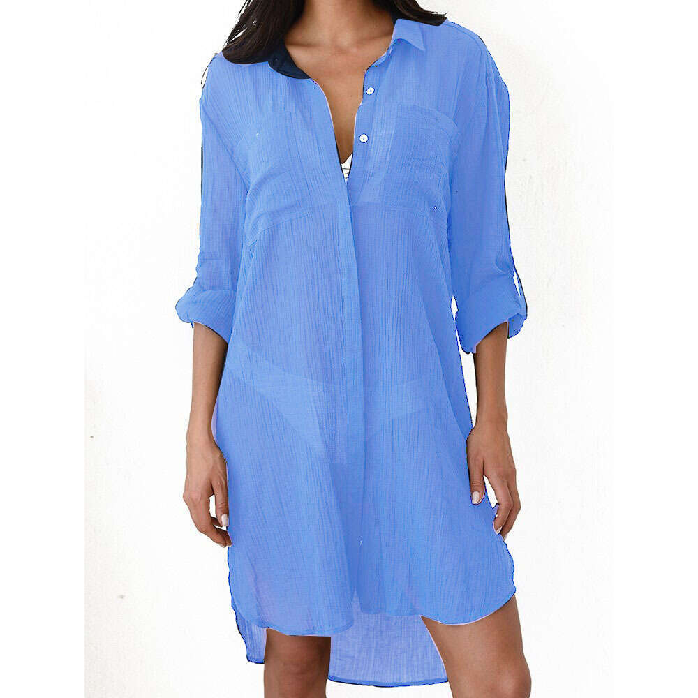 In Stock New European and American Style Wrinkle Fabric Two-Pocket Hidden Button Beach Cover-Up Bikini Shirt Swimsuit
