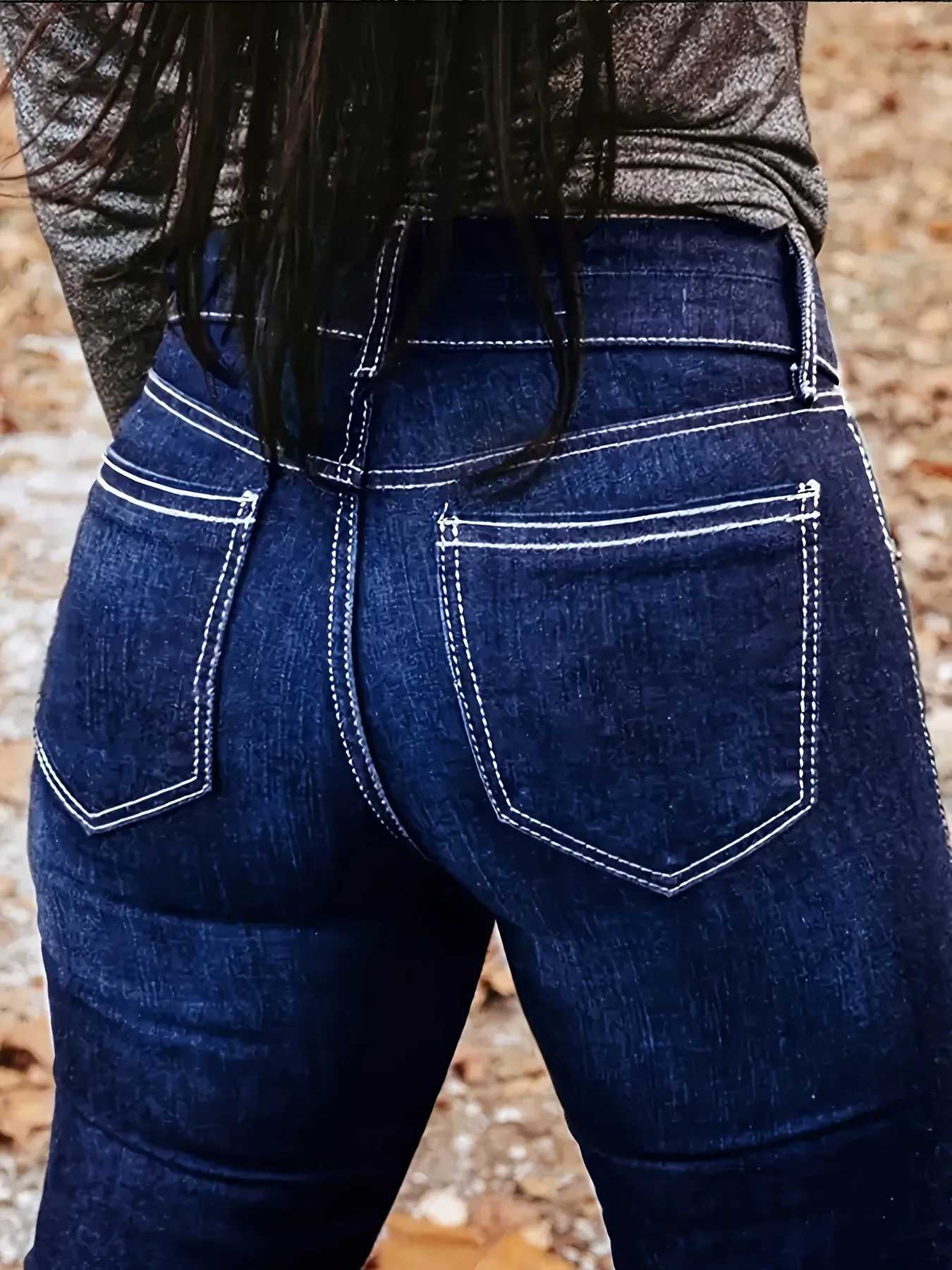 Womens mid high waisted elastic button deep blue micro flared denim pants C251110