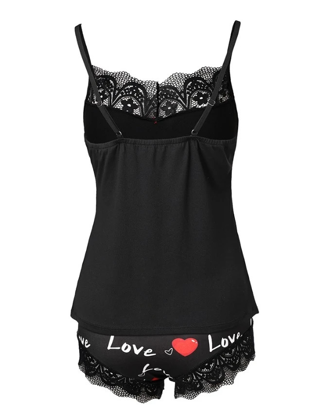 Two piece set of womens clothing Valentines Day love print comparison lace sleeveless cami top and family shorts pajama set 250409
