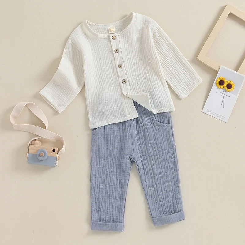 Visgogo 2-piece childrens mens button up long sleeved T-shirt solid color long pants linen spring autumn set 250409