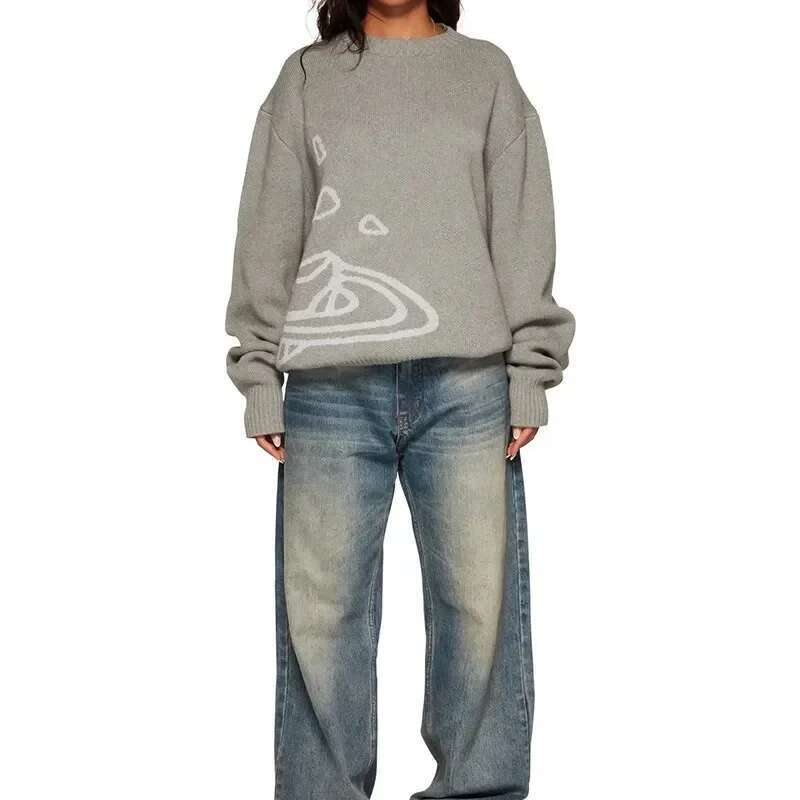 2024 Y2k Traf Ladies Black Thermal Top Men's Loose Comfortable Clothes Sweater Planet Cosmic Star Knit Jumper Teen