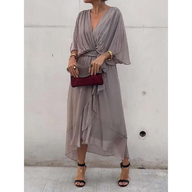 2025 New European and American Women's Fashion Cross-Border Amazon Solid Color Tie Long Batwing Sleeve Irregular Dress Plus Size