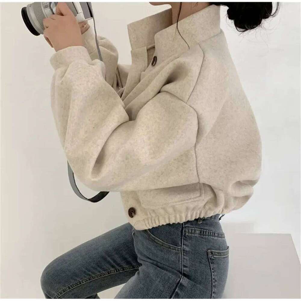 Korean Fashion Autumn Winter Coat Women New In Stand Neck Solid Button Loose Jacket Lady Casual Street Outwear Vintage Clothes