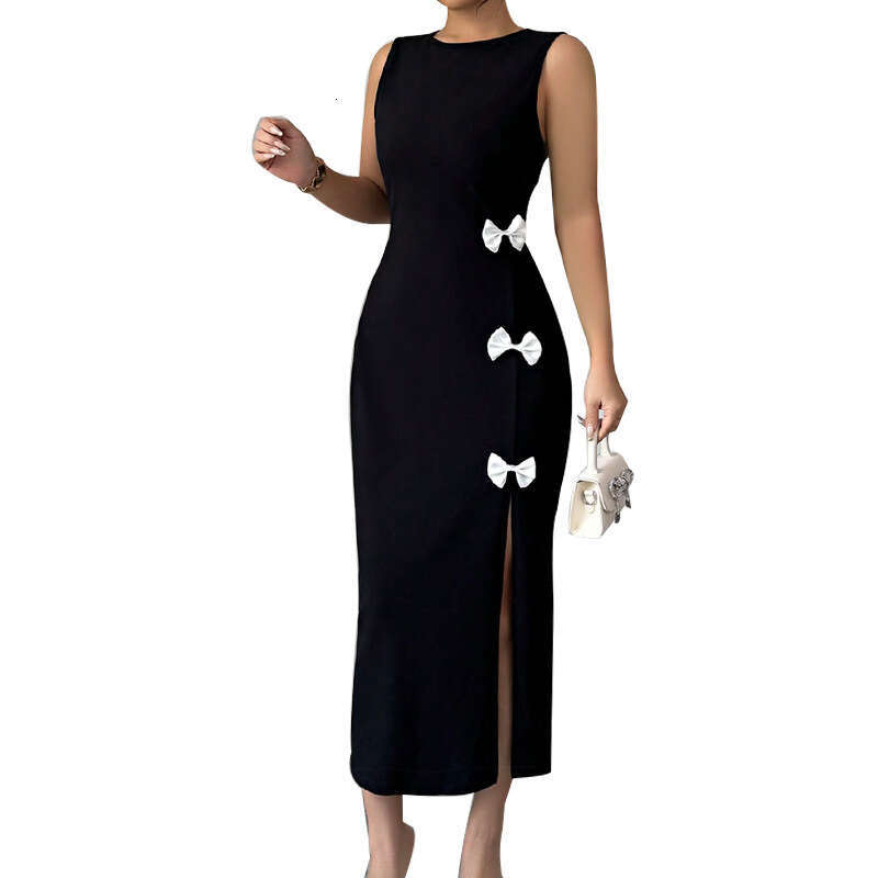 Rui Chuo Cross-Border Foreign Trade Independent Station European and American 2025 Autumn Slim Fit Bow Sleeveless Slit One-Step Dress