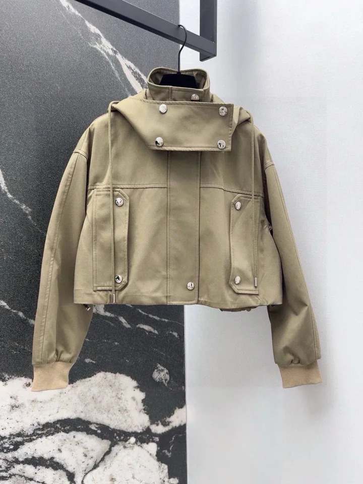 EVACANDIS Spring Womens High Quality Zipper Short Hooded Trench Coat British Style Unique Solid Retro Elegant Cotton Top 250410