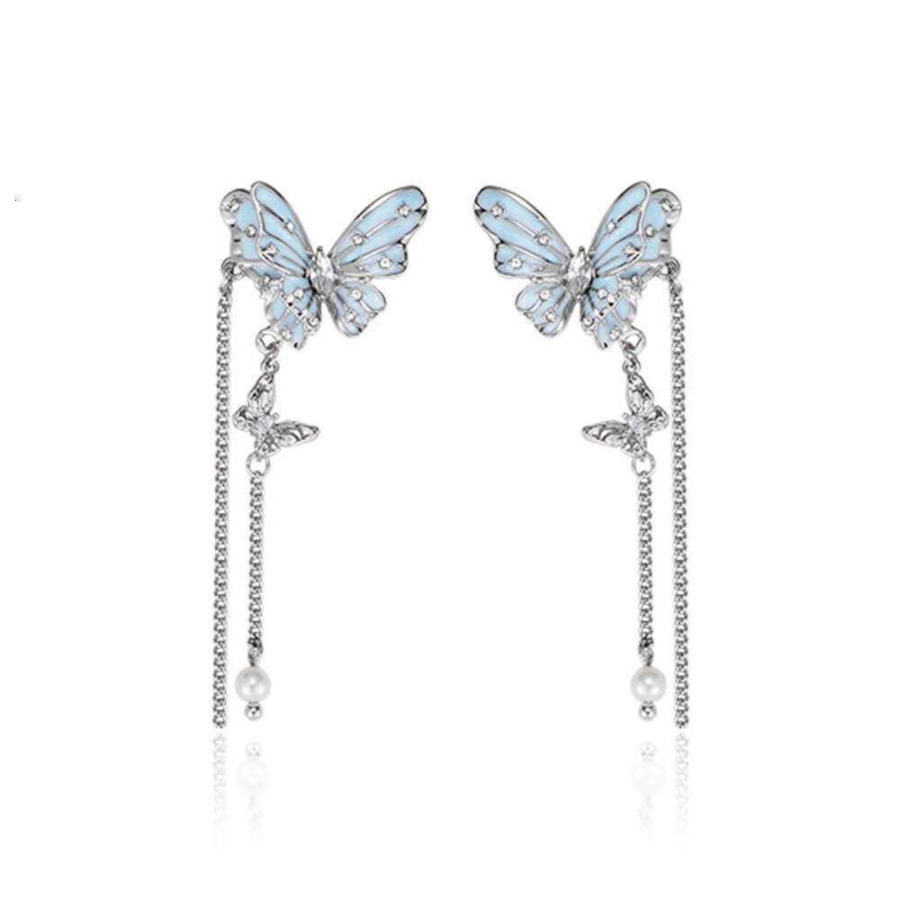 Original Long Tassel Blue Butterfly Earrings for Women, Light Luxury Fashion, High-end Feel, Gentle Temperament, 925 Silver Needle Ear Jewelry