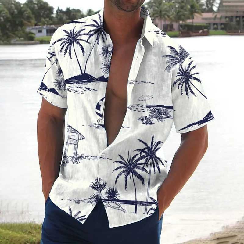 Retro mens coconut tree print short sleeved beach shirt casual mens loose mens Hawaiian shirt 2024 X250410