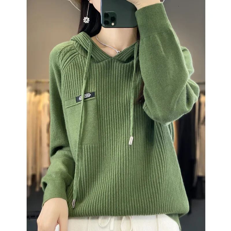 Loose Fit Hooded Long Sleeve Knitted Sweatshirt Womens Korean Style Solid Color Simple Fashionable Sweater Trendy Autumn Sa 251106