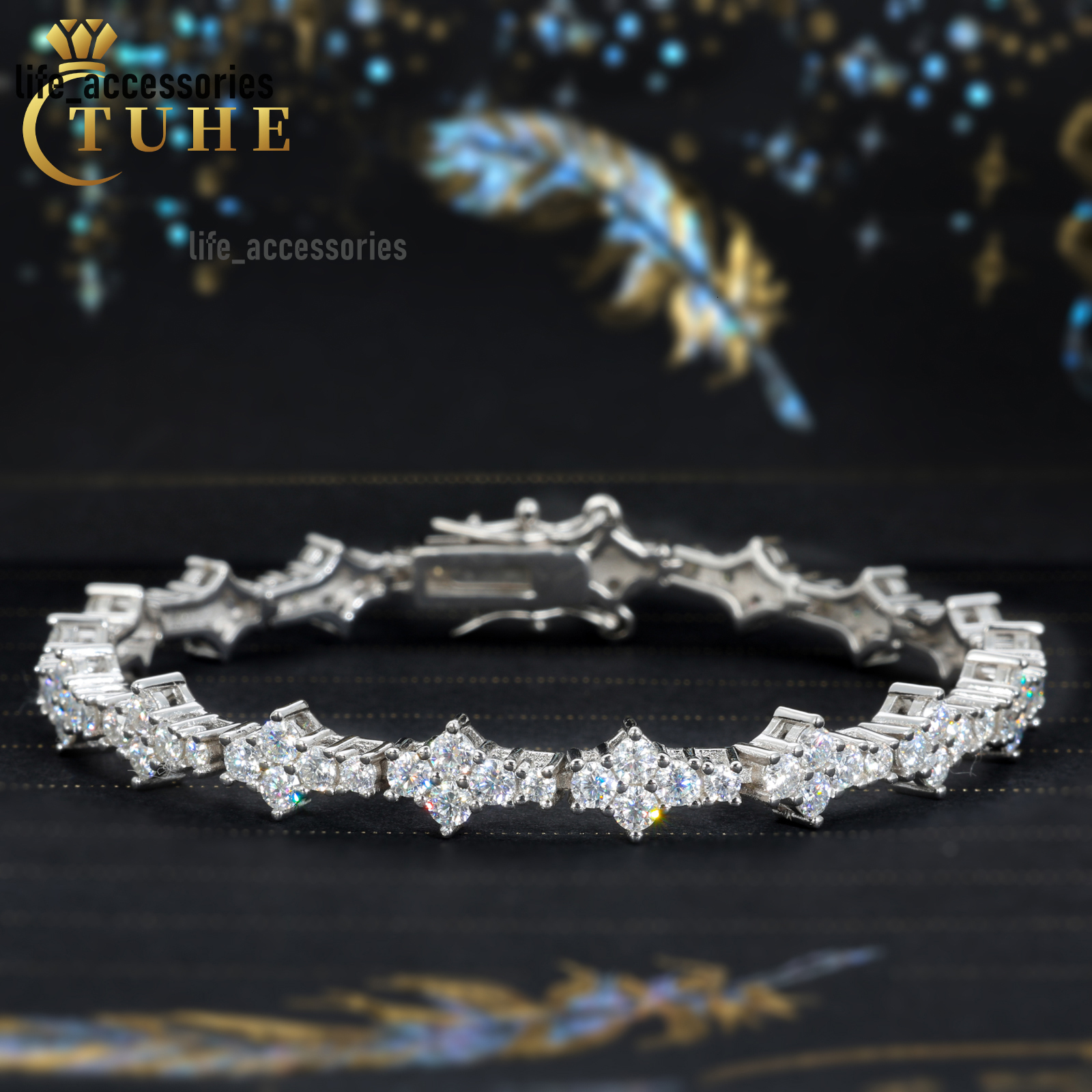 Stylish Fashion Femme Design 925 Sterling Silver VVS Moissanite Diamond Iced Out Four Leaf Clover Cross Tennis Chain Bracelet