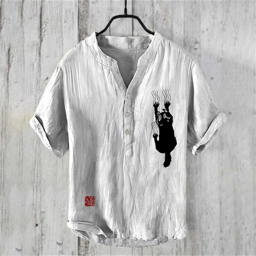Summer mens short sleeved shirt linen printed shirt European and American popular element printed large shirt S-5XL X250410