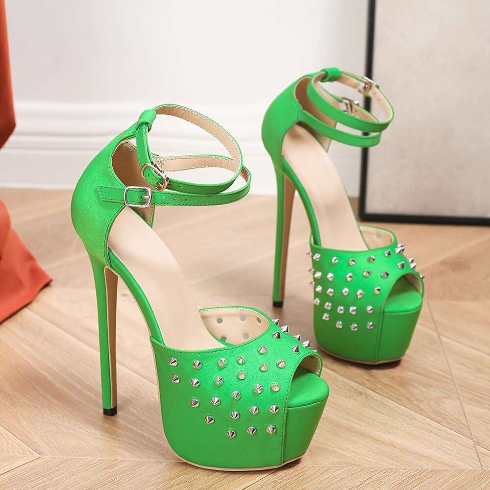 Women's Green Italian Roman Studded - 17Cm Heel, Peep Toe With Ankle Strap, Stylish Cut-Out Design, Perfect For Casual Or Party Wear, High Heel S