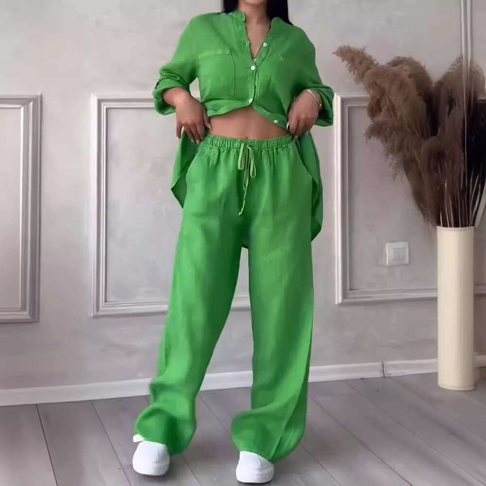 2025 New European American Cross-Border Women's Solid Color Single-Breasted Sleeve Shirt Two-Piece Set with Wide-Leg and Tie-Up Long Pants for Wo
