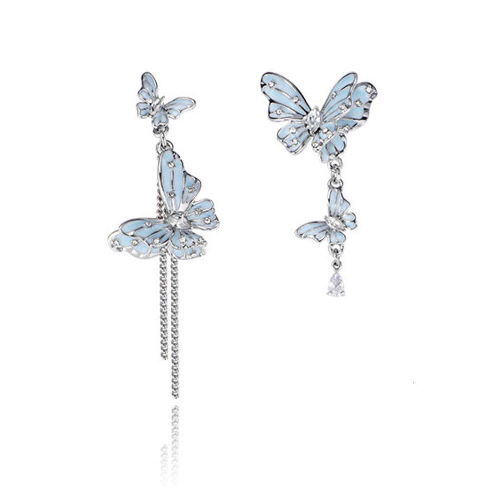 DHcollections Original Design Asymmetric Blue Butterfly for Women, Light Luxury Fashion Sweet Cool Versatile High-end 925 Silver Needle Earrings
