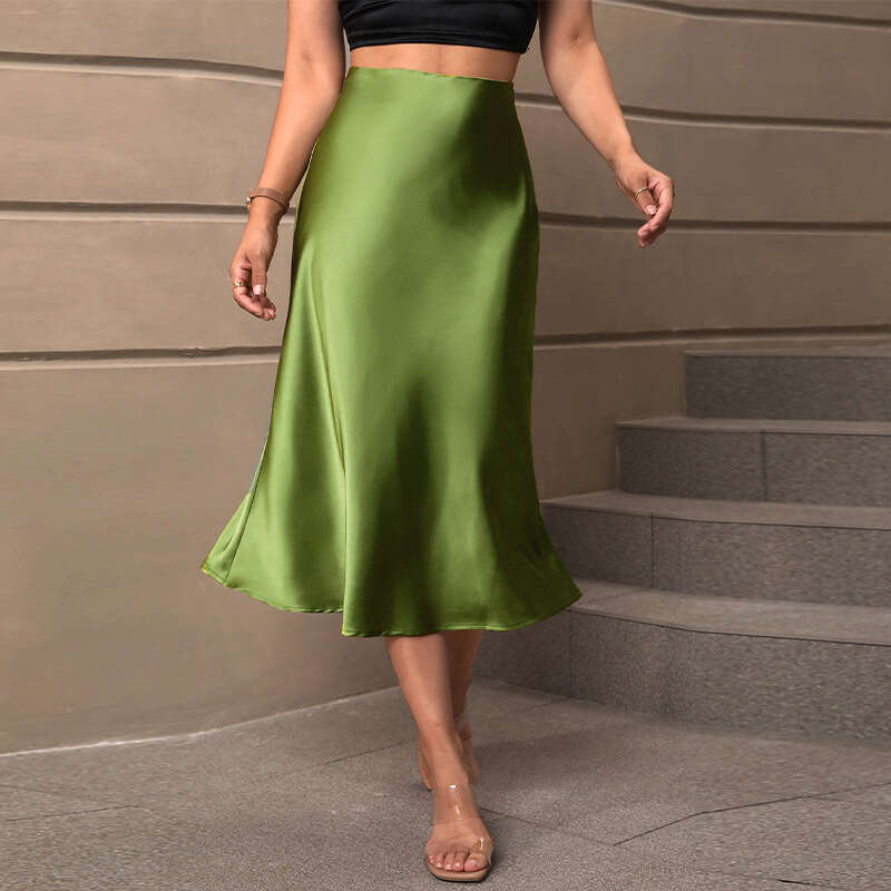 Rui Chuo Cross-Border Foreign Trade European and American Satin Midi 2025 Autumn Amazon Elegant Style Polyester Mid-Length A-Line Skirt