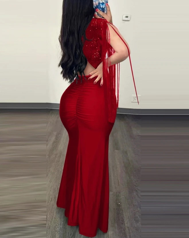 Elegant womens evening dress sexy contrast sequin pleated edge sewn evening dress fashion casual womens wear 250403