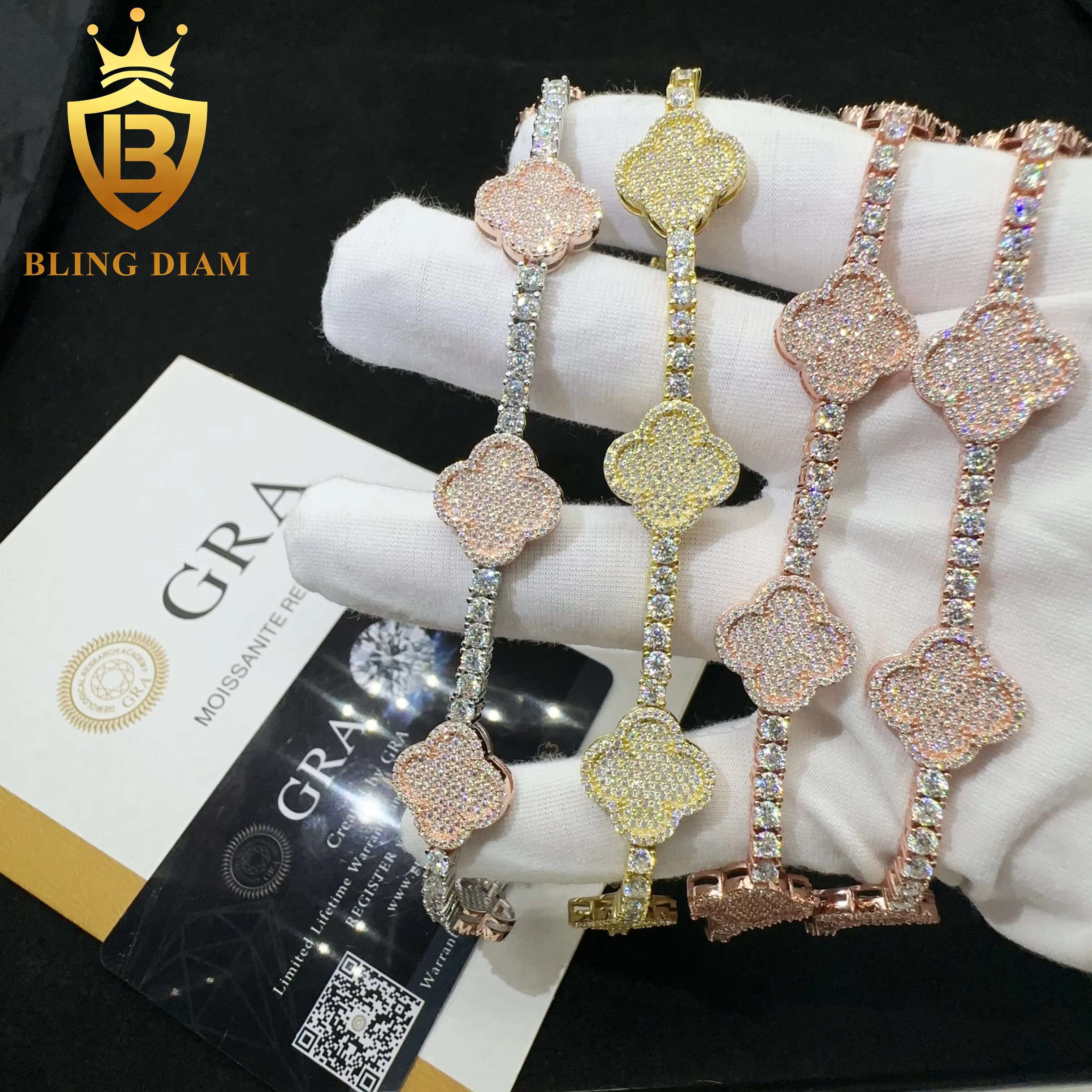 Wholesale Price 925 Sterling Silver Vvs Moissanite Diamond Hip Hop Iced Out Jewelry Clover Leaf Tennis Chain Bracelet