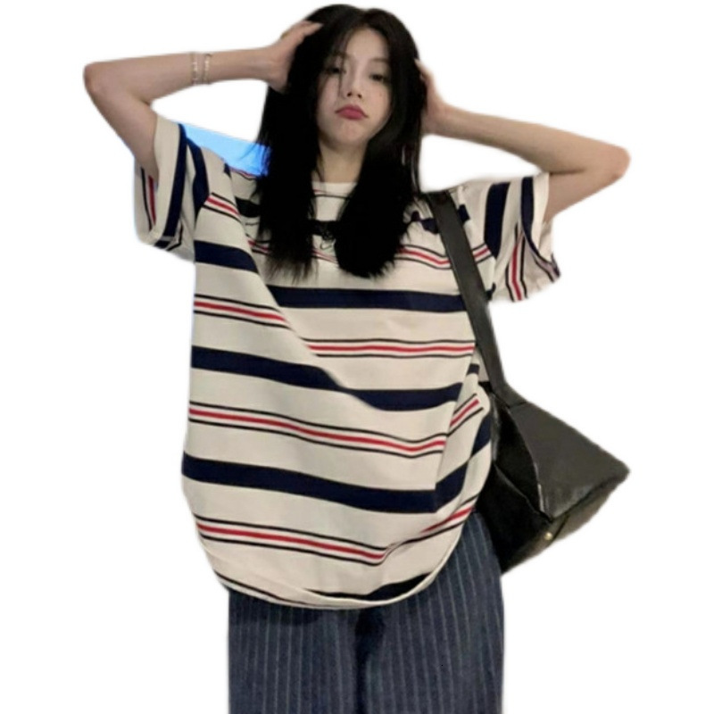 2025S Designer Women S T Shirt American Striped Short For Women New Summer Loose And Lazy Style Half Sleeved Student Versatile Top T Shirt