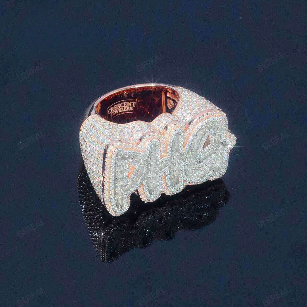 Custom Letter Iced Out Vvs Moissanite Hip Hop Ring Pass Dia Test Sier Rose Gold Plated Fine Jewelry Rings Men