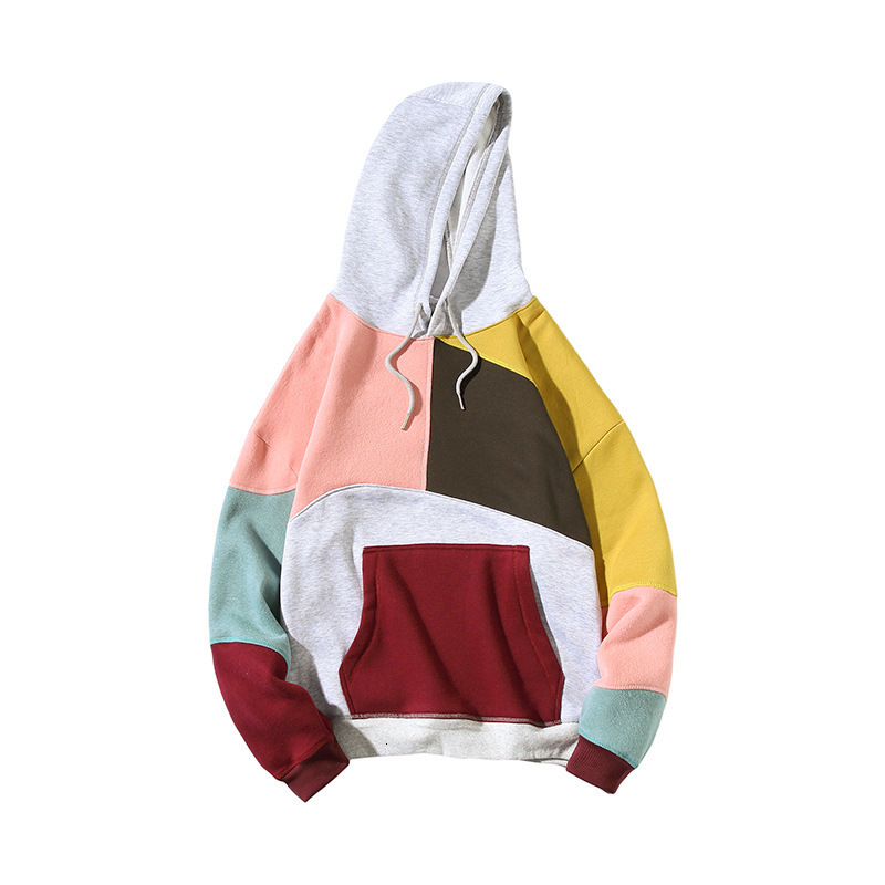Fleece-lined Pullover Youth Trend Lined Patchwork Hoodie Couple Casual Top Hooded Color Block Sweatshirt