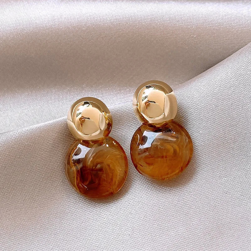 Vintage Brown Resin Tiger Eye Stone Dangle Earrings for Women Fashion Silver Needle Earring Personality Melard Color Jewelry 250409