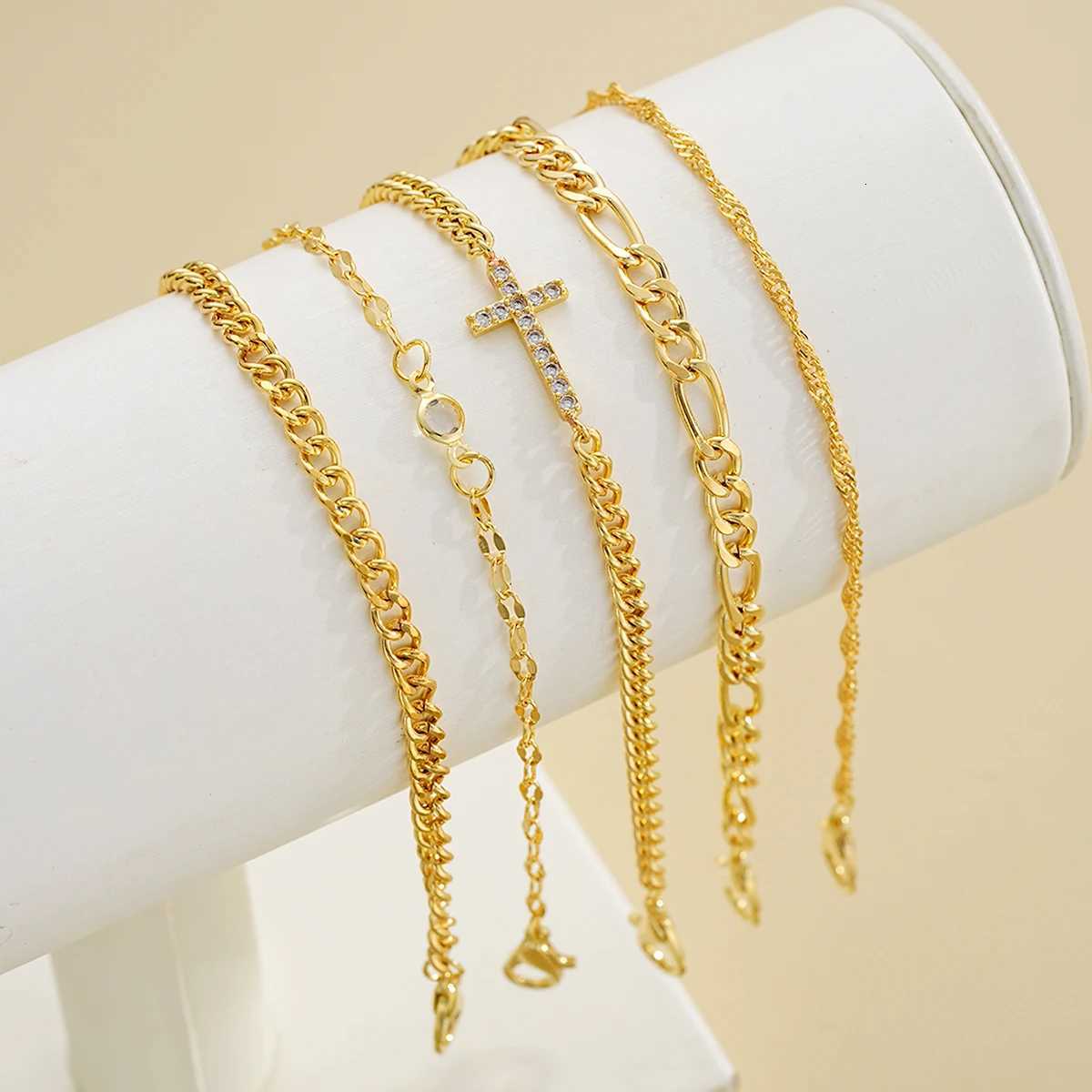 5pcs Fashion Zircon Cross Charm Bracelet Set Elegant High Quality Gold Color Multilayer Bracelets For Women Daily Wear JewelryT251110