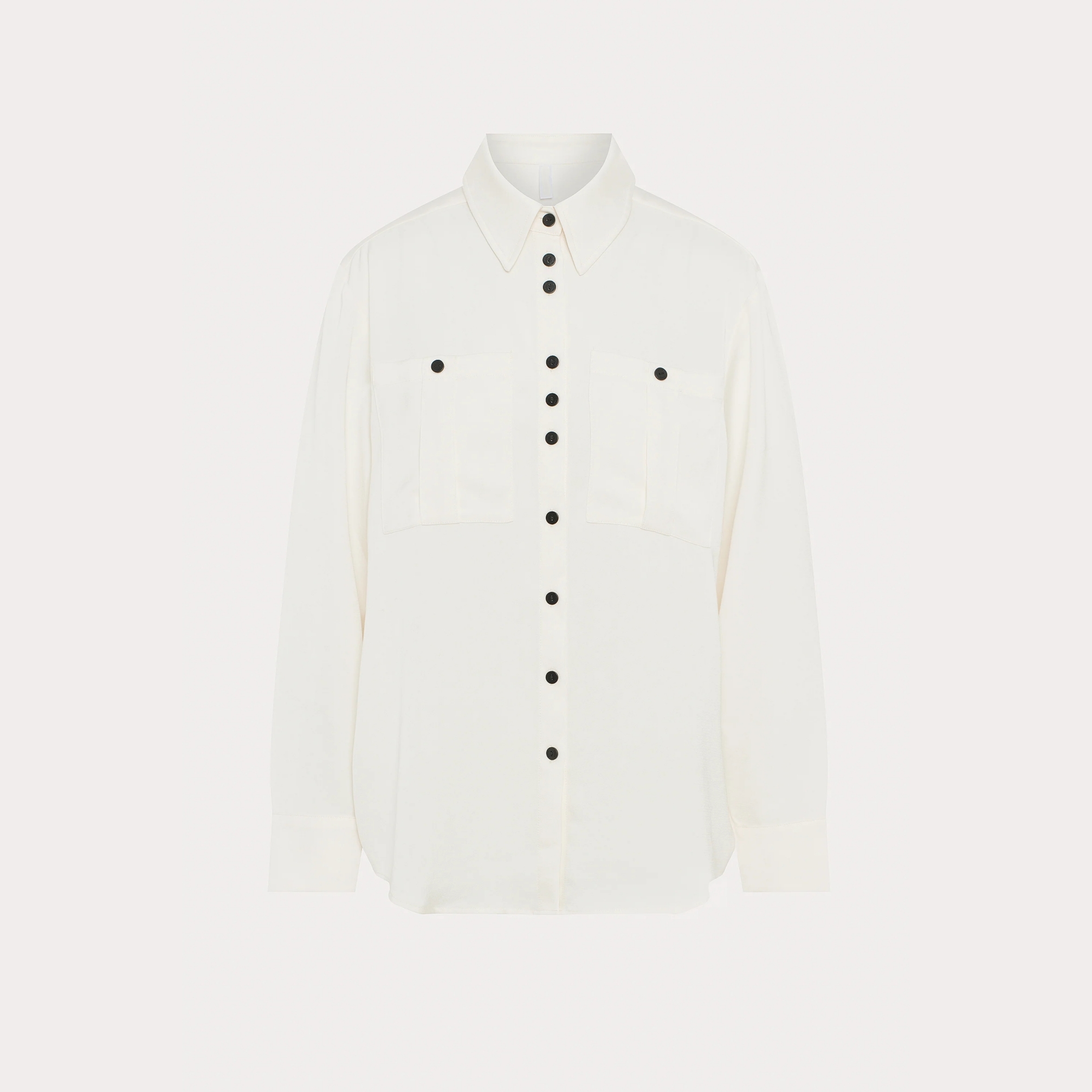 Women's White Loose Fit Stand-Collar Shirt, Long Sleeve Patch Pocket Rounded Hem Blouse