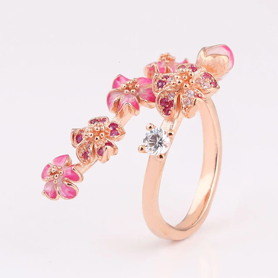 S925 Silver Rose Enamel Peach Blossom With Crystal Ring For Women Wedding Party Gift fit Lady Fine Jewelry 251103