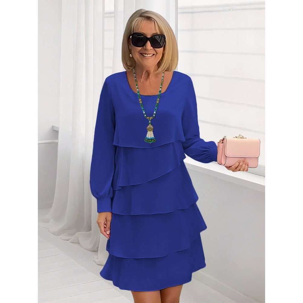 2025 Amazon Foreign Trade Autumn Fashion Cake Women's Elegant Loose Slimming Round Neck Long Sleeve Dress