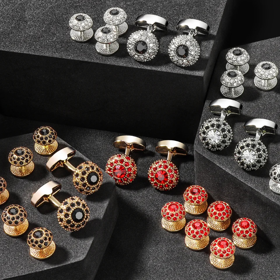 HAWSON Crystal Cufflinks and Studs for Men Tuxedo Collar Studs Cuff Links Set French Shirt Mens Jewelry cufflinks set 250409