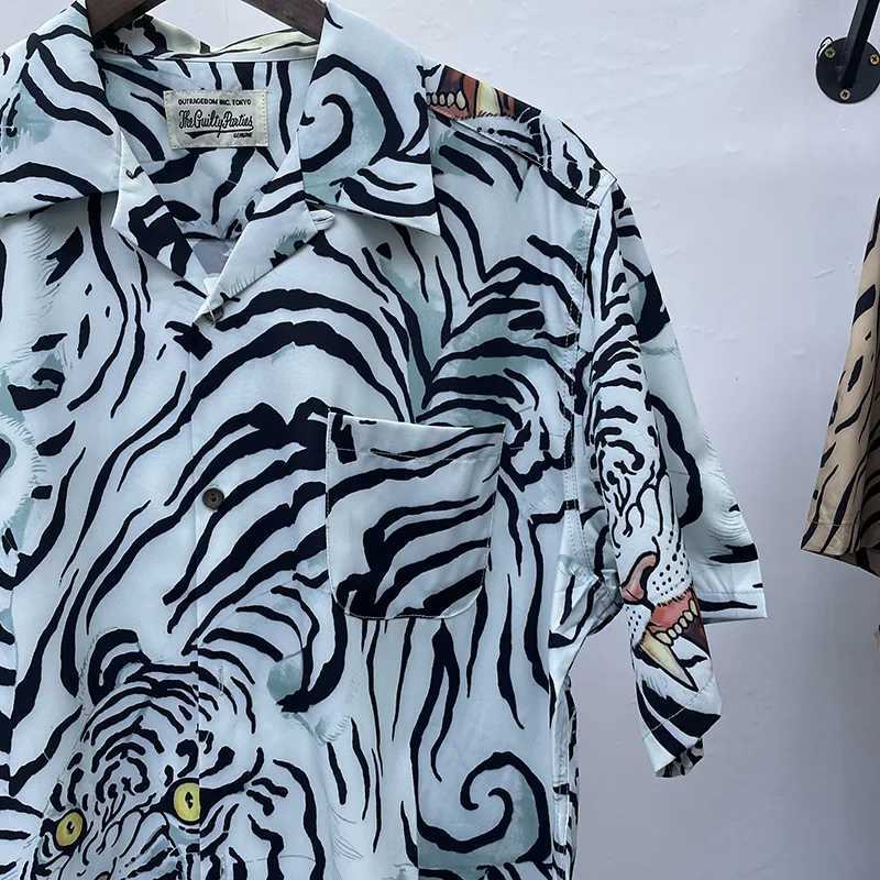 Tiger Print Top T-shirt Retro Collar Hawaii WACKO MARIA Shirt Mens Summer Style High Street Short Sleeve X250410