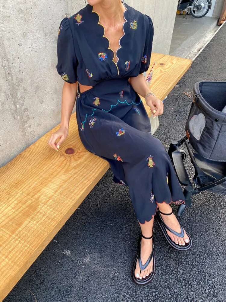 Women's Summer Vintage Long Embroidery Wer Chiffon Dress Hollow Out Waist Curvy V Neck Midi Sundress Korea Style
