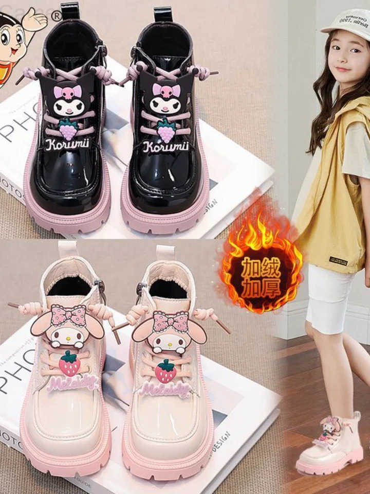 Sanrio My Melody Soft Sole Girls Leather Boots Comfort Non-Slip Autumn Winter Kuromi New Children Short Boots Sweet Cotton Shoes H251110