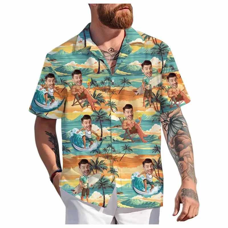 Interesting personalized facial Hawaiian mens and womens universal 3D printed button up shirts for spring and summer beach short sleeves in 2025 X2504