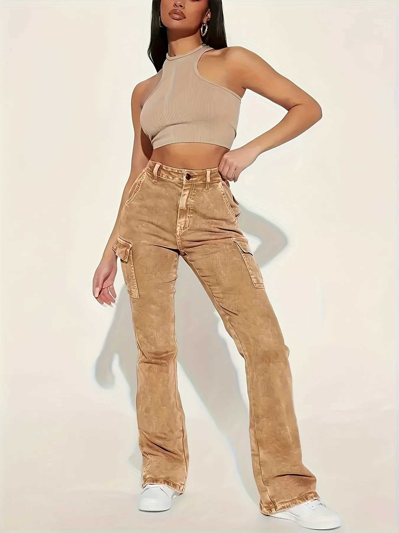 Washed and aged patch pocket casual vintage light khaki slightly flared womens jeans C251110