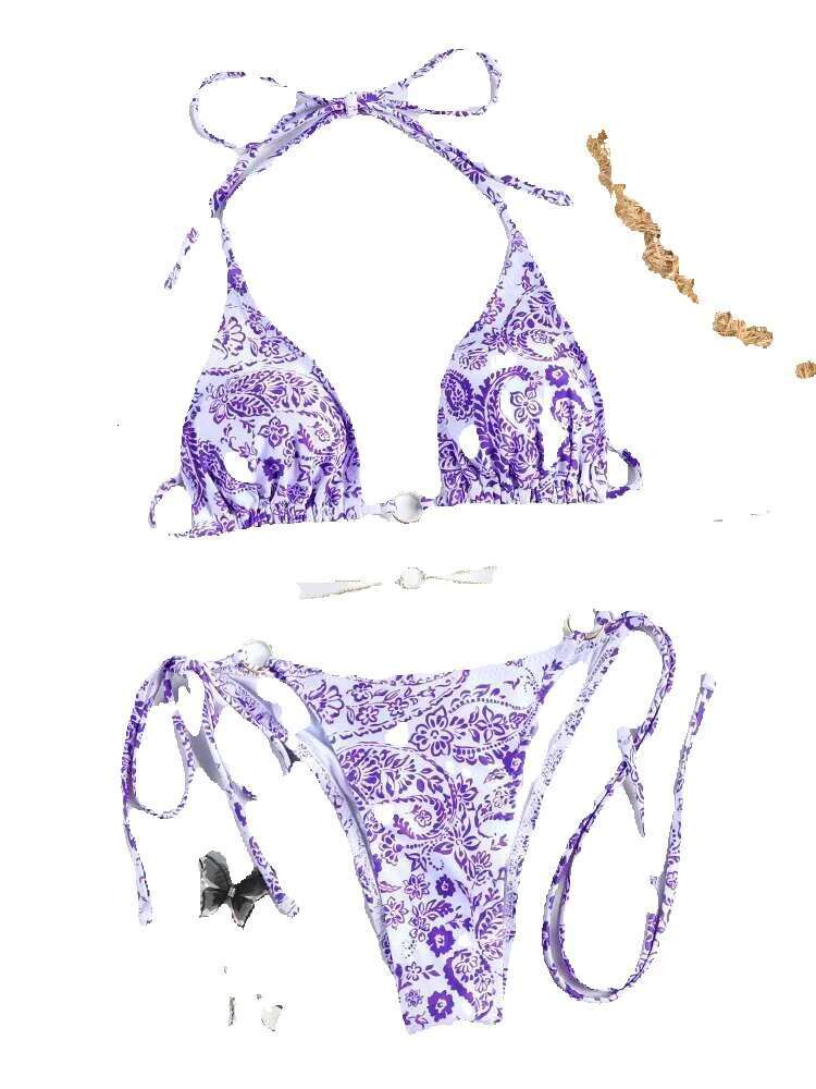 Sexy triangular chain set, mini flip flops women's bikini, beach bandage printed swimsuit, thong bikini