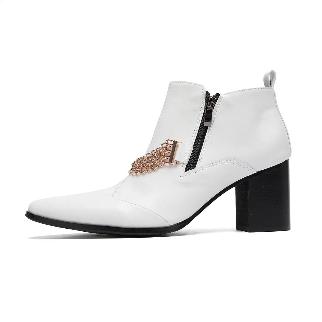 White Chains Genuine Leather Men High Heel Boots Large Size Club Party Drag Queen Dress Shoes Pointed Toe Zipper Ankle Boots 251106