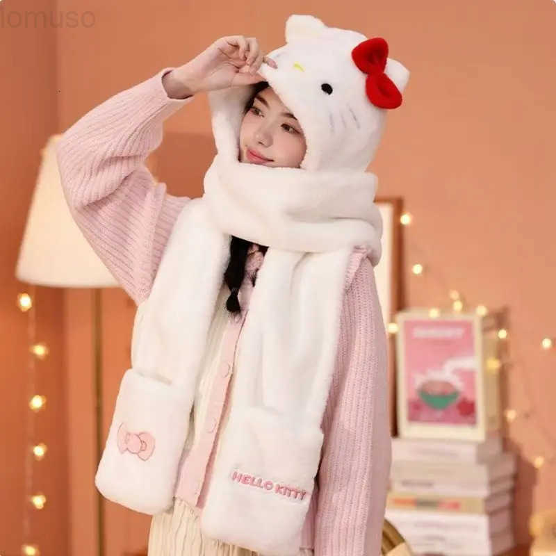 Sanrio Hello Kitty Cartoon Cute Fleece-Lined Warm Hat Scarf and Gloves Creative Kawaii Girl Thickened Warm Student Three-Piece Gift Set H251110