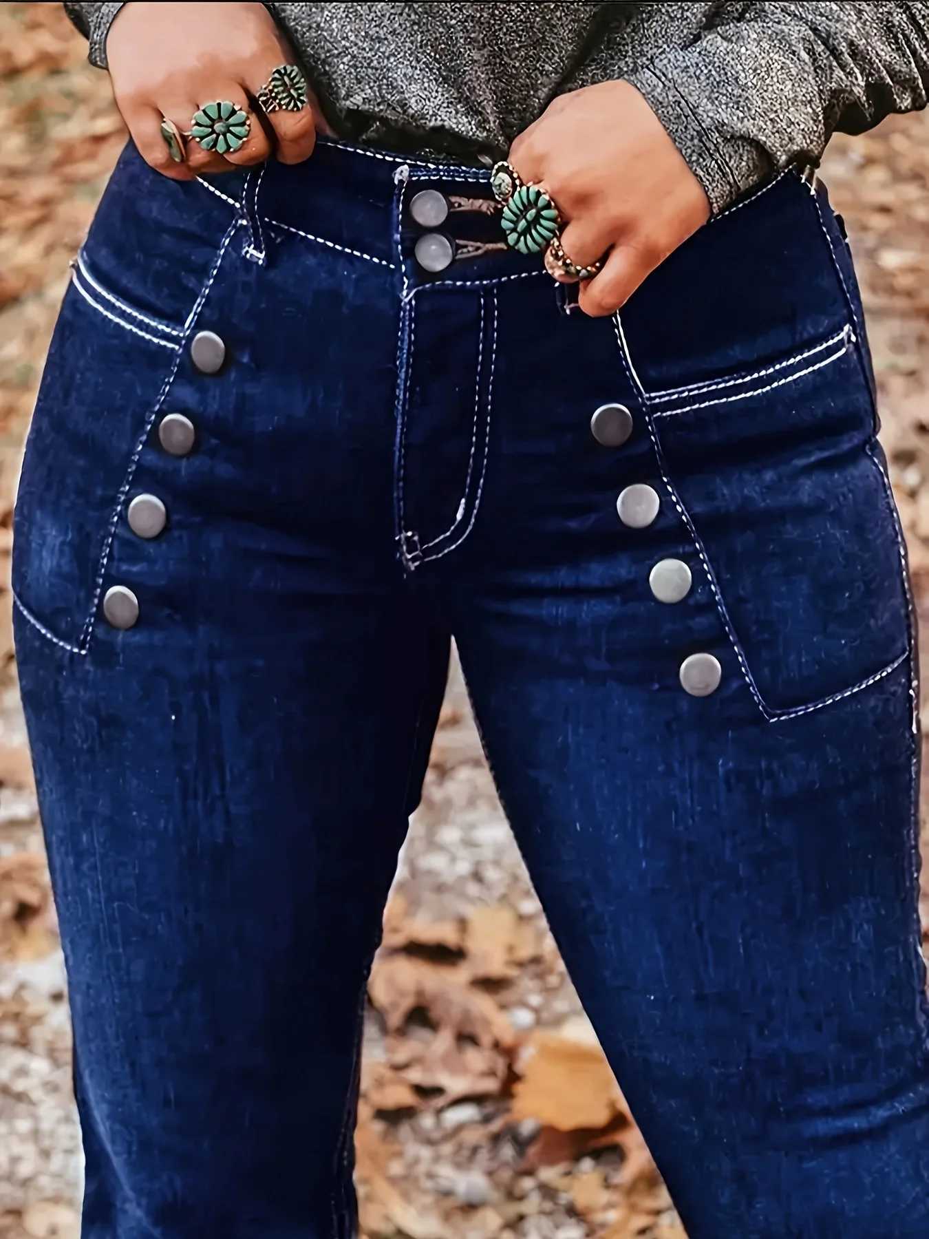 Womens mid high waisted elastic button deep blue micro flared denim pants C251110