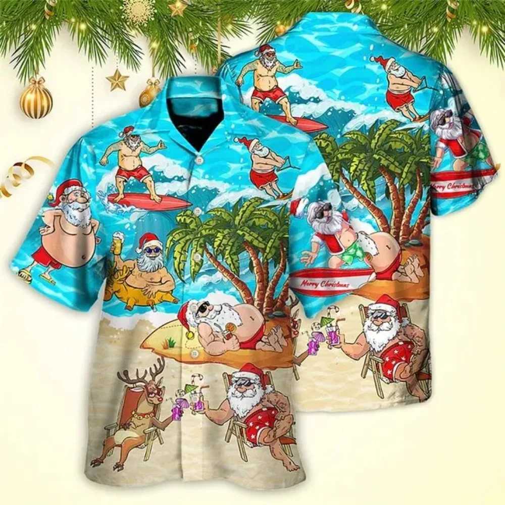Mens Hawaiian Shirt Fun Santa Claus 3D Printed Christmas Hawaiian Shirt Mens Fashion Short Sleeve Beach Shirt Party X250410