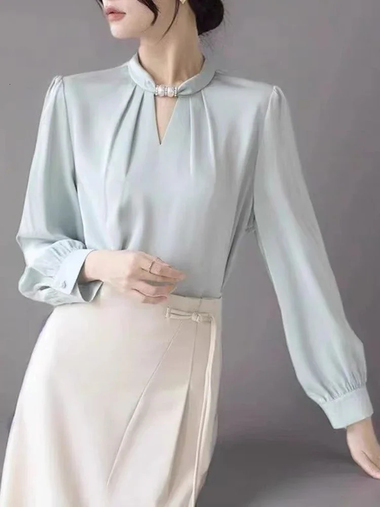 Womens Elegant Shirt Satin White Stand up Collar Beaded Shirt Pullover Korean Fashion Tempering Office Womens Shirt 250409
