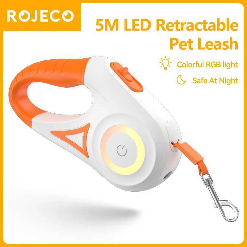 ROJECO 5M Automatic Dog Leash Retractable LED Luminous Leading Fashion Light Straps For Dog Puppy Pet Flexi Walking Running Lead J251110